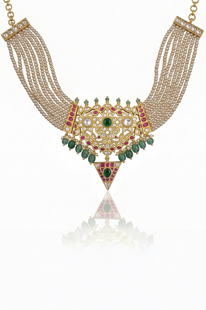 Gold Finish Multi-Colored Stone Necklace Set by Joules By Radhika at Pernia's Pop Up Shop