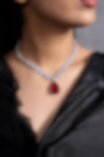 White Finish Crystal & Ruby Pendant Necklace Set by Joules By Radhika at Pernia's Pop Up Shop
