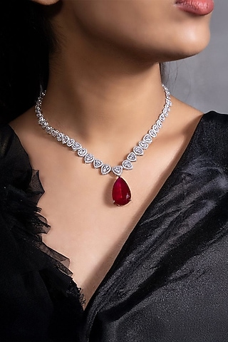 White Finish Crystal & Ruby Pendant Necklace Set by Joules By Radhika