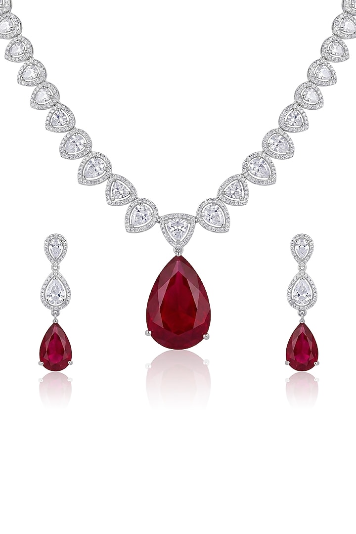 White Finish Crystal & Ruby Pendant Necklace Set by Joules By Radhika at Pernia's Pop Up Shop