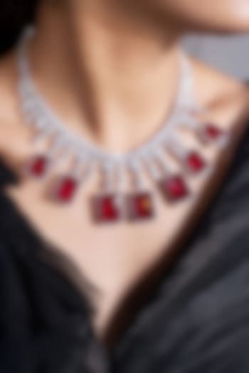 White Finish Crystal & Ruby Pendant Necklace Set by Joules By Radhika at Pernia's Pop Up Shop