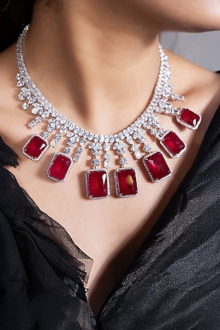 White Finish Crystal & Ruby Pendant Necklace Set by Joules By Radhika