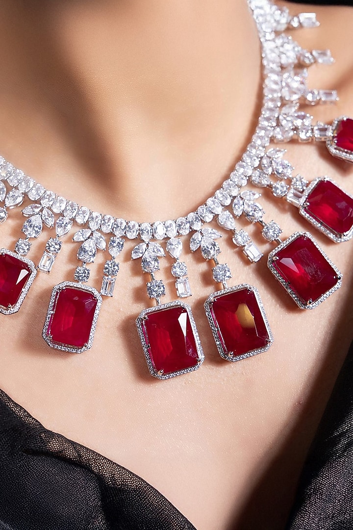 White Finish Crystal & Ruby Pendant Necklace Set by Joules By Radhika at Pernia's Pop Up Shop
