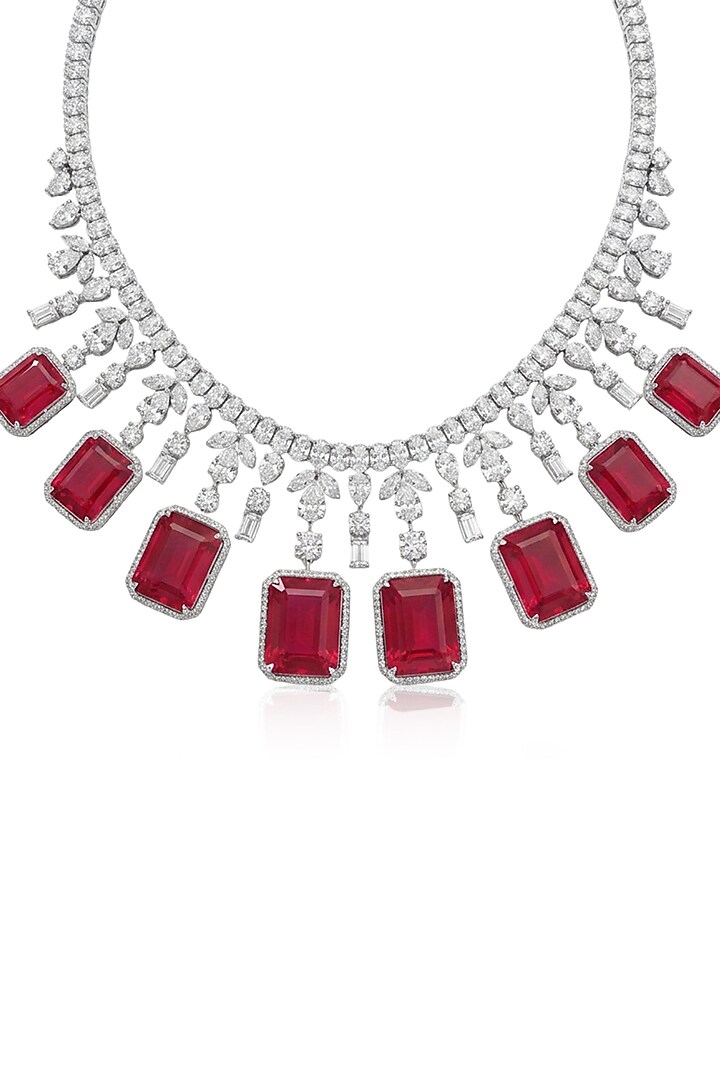 White Finish Crystal & Ruby Pendant Necklace Set by Joules By Radhika at Pernia's Pop Up Shop