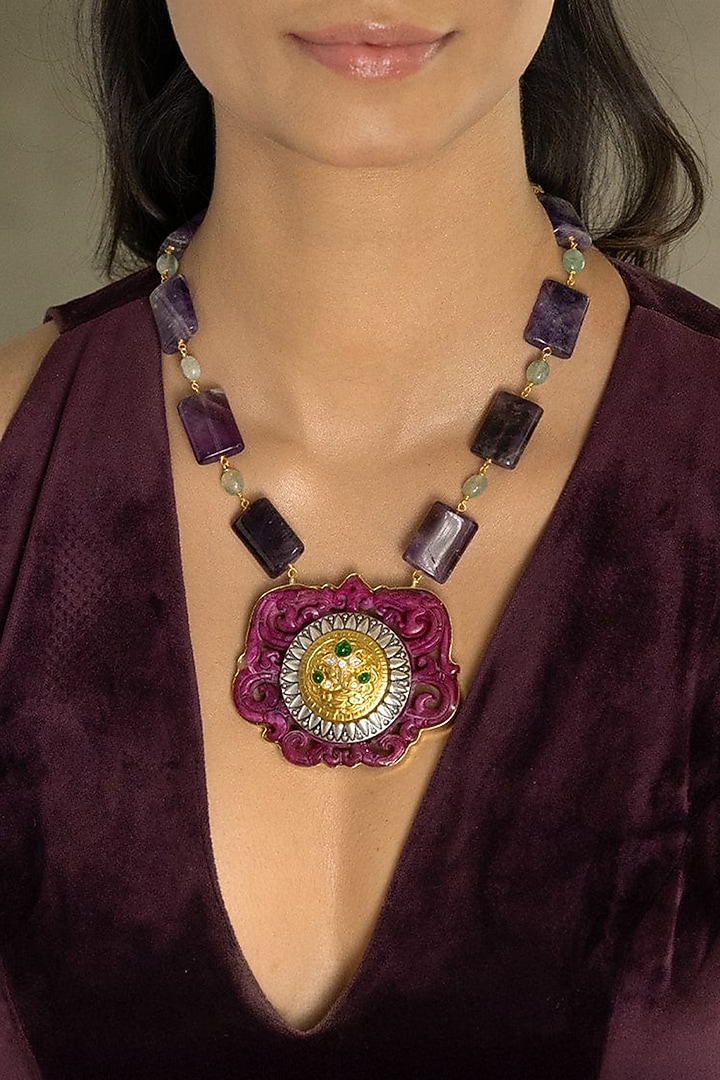 Gold Finish Multi-Colored Stone Necklace by Joules By Radhika at Pernia's Pop Up Shop