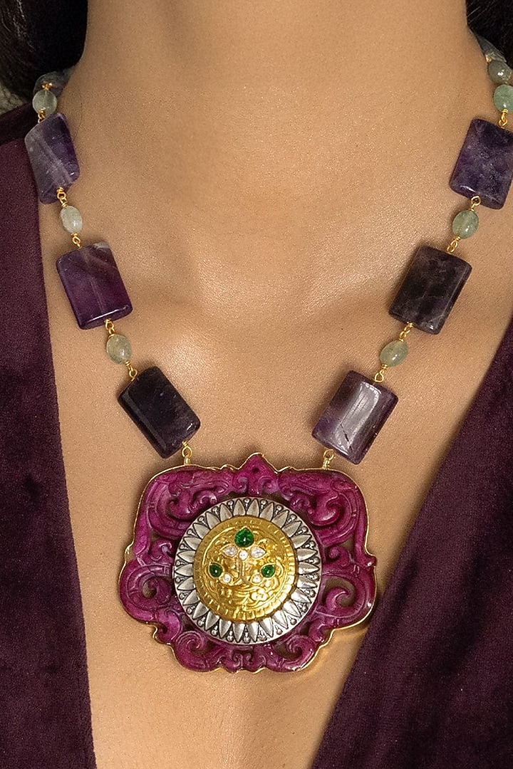 Gold Finish Multi-Colored Stone Necklace by Joules By Radhika at Pernia's Pop Up Shop