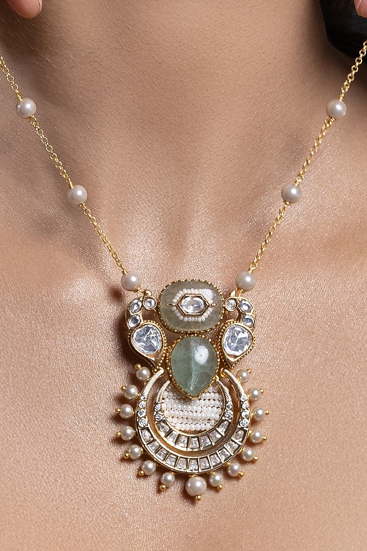 Gold Finish Stone Necklace Set by Joules By Radhika at Pernia's Pop Up Shop