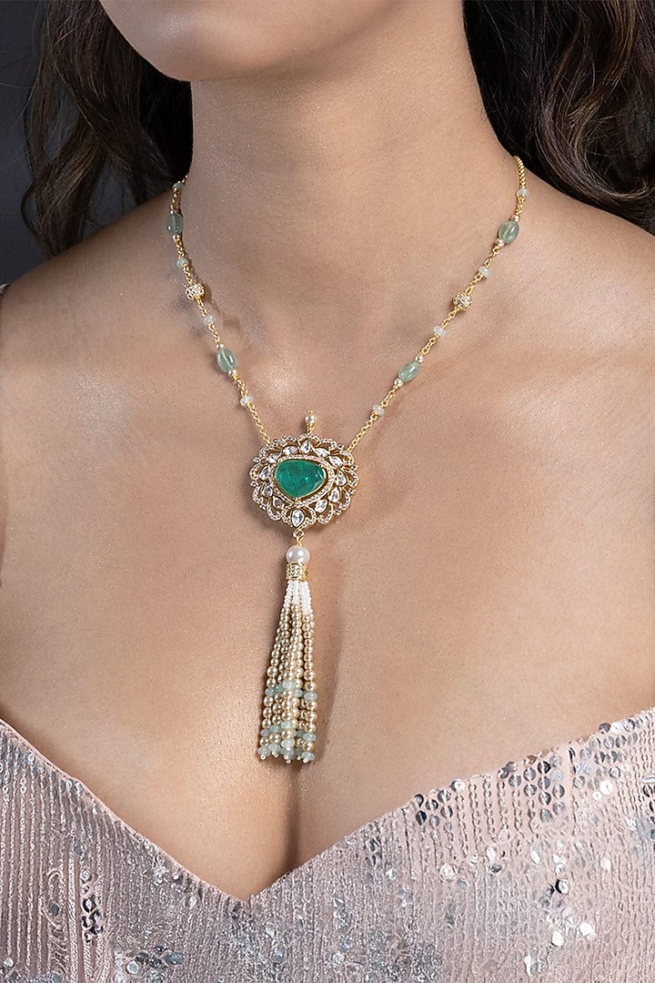 Gold Finish Green Stone Necklace by Joules By Radhika at Pernia's Pop Up Shop