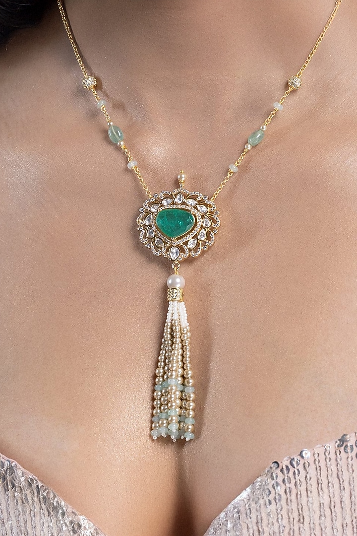 Gold Finish Green Stone Necklace by Joules By Radhika at Pernia's Pop Up Shop
