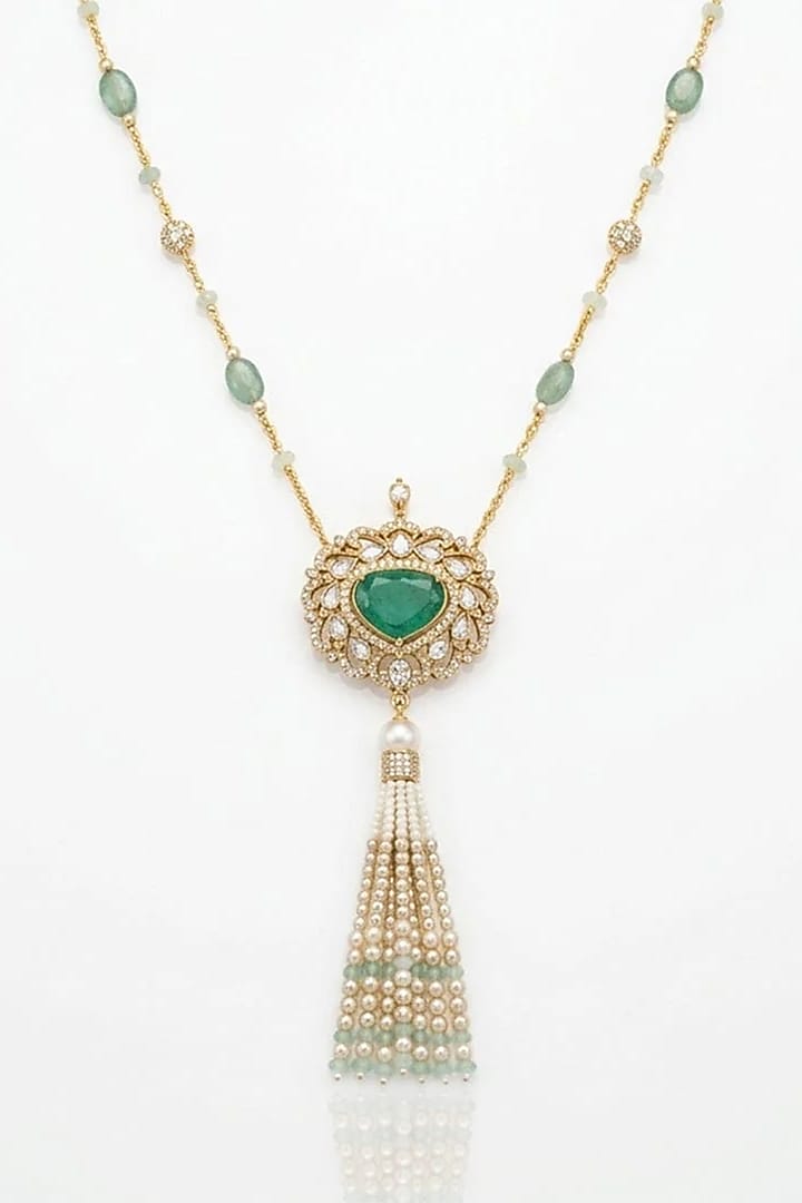 Gold Finish Green Stone Necklace by Joules By Radhika at Pernia's Pop Up Shop