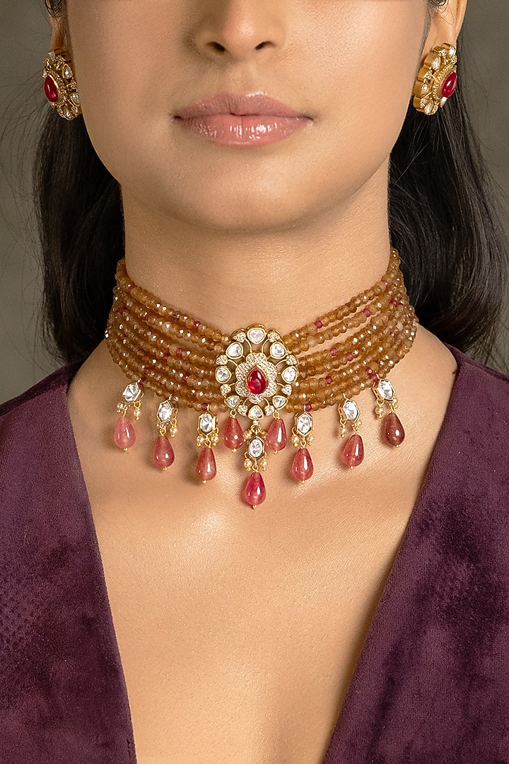 Gold Finish Pink Stone Necklace Set by Joules By Radhika at Pernia's Pop Up Shop