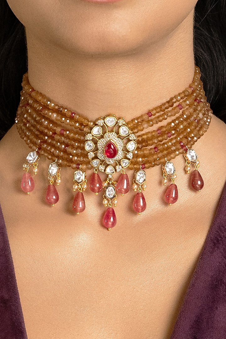 Gold Finish Pink Stone Necklace Set by Joules By Radhika at Pernia's Pop Up Shop