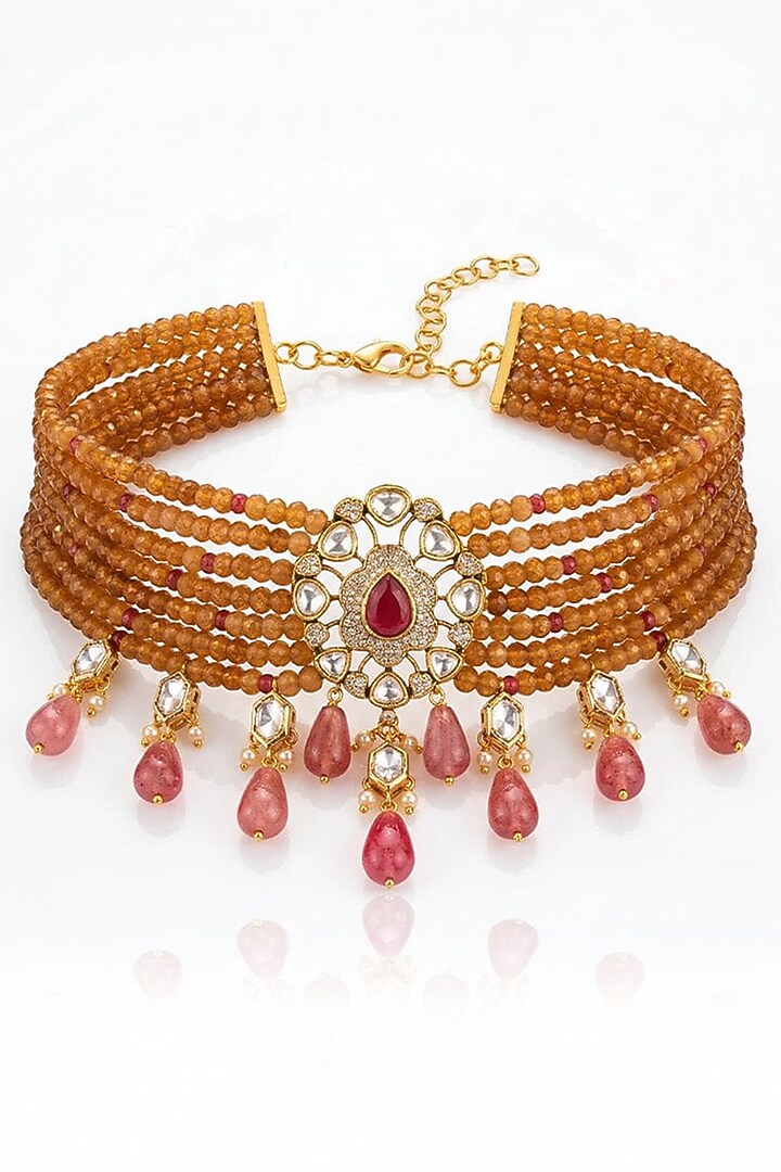 Gold Finish Pink Stone Necklace Set by Joules By Radhika at Pernia's Pop Up Shop