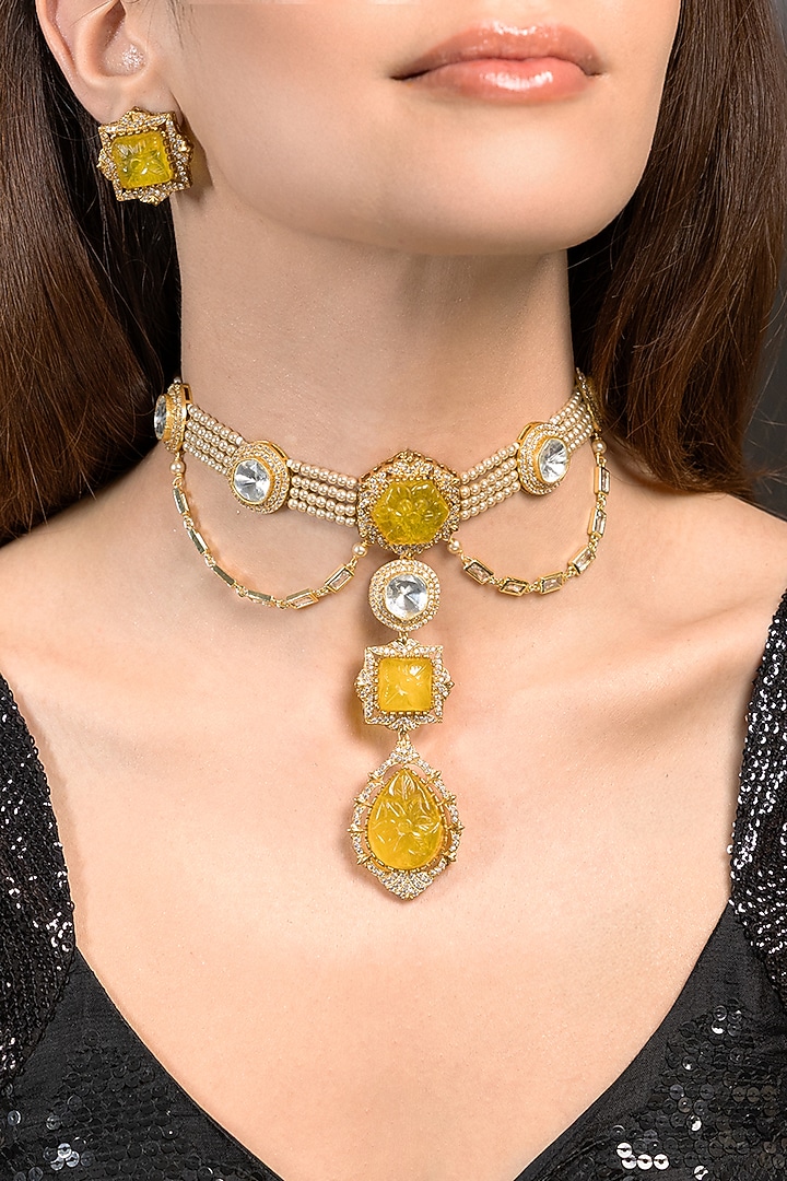 Gold Finish Yellow Stone Necklace Set by Joules By Radhika at Pernia's Pop Up Shop