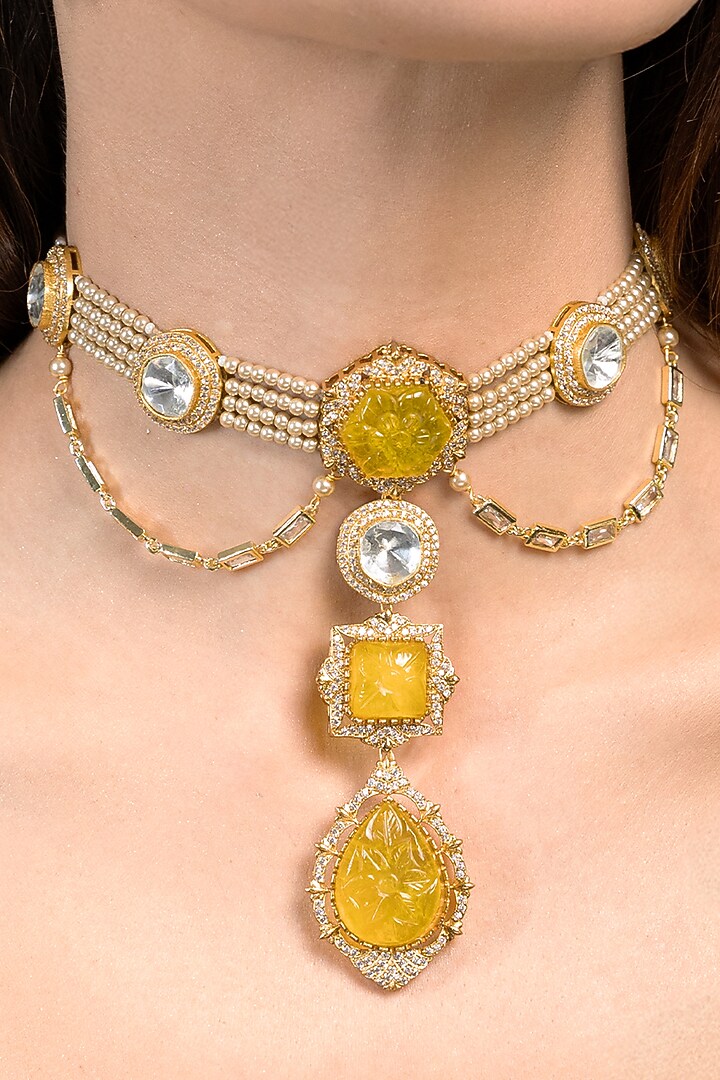Gold Finish Yellow Stone Necklace Set by Joules By Radhika at Pernia's Pop Up Shop