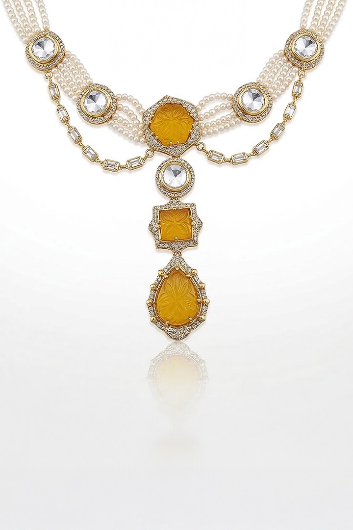Gold Finish Yellow Stone Necklace Set by Joules By Radhika at Pernia's Pop Up Shop