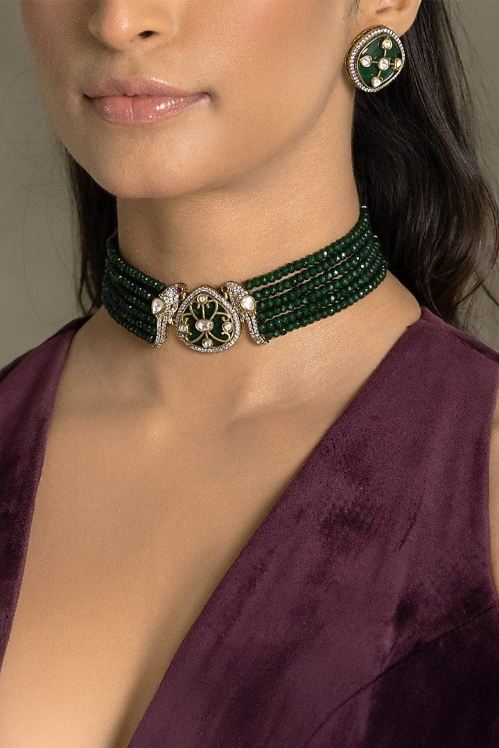 Gold Finish Green Stone Necklace Set by Joules By Radhika at Pernia's Pop Up Shop