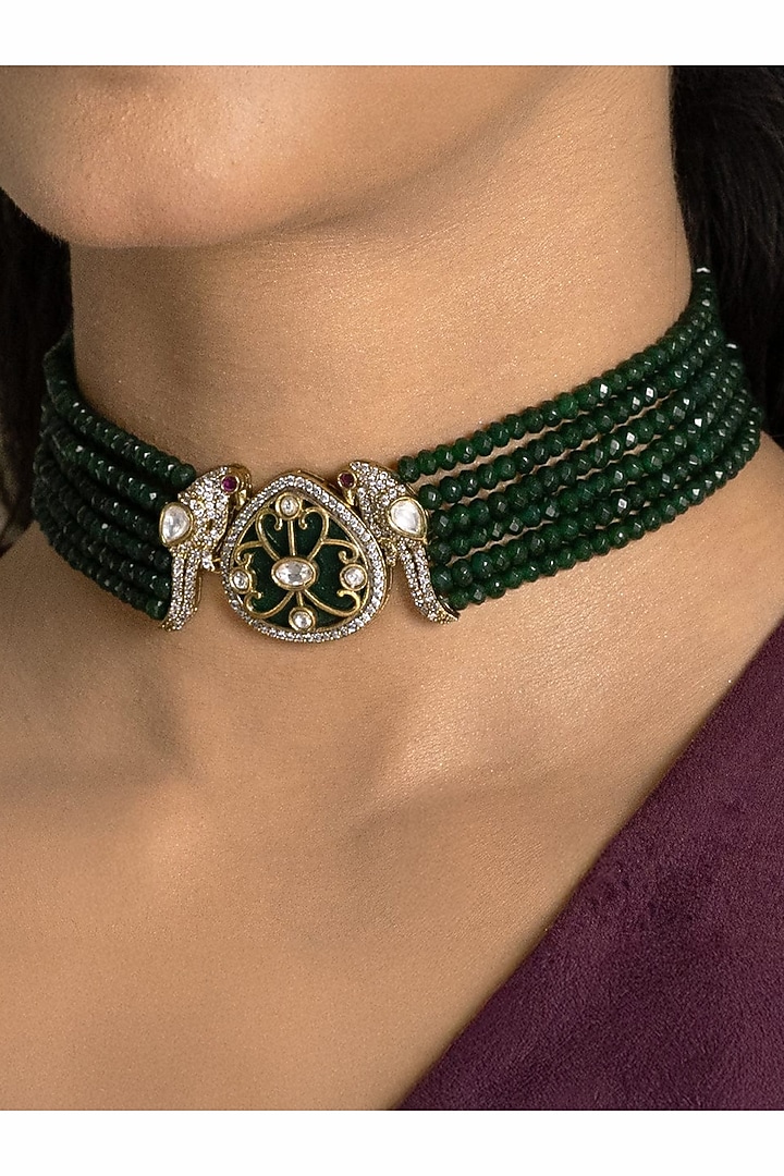Gold Finish Green Stone Necklace Set by Joules By Radhika at Pernia's Pop Up Shop