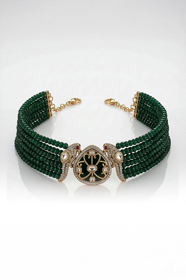 Gold Finish Green Stone Necklace Set by Joules By Radhika at Pernia's Pop Up Shop