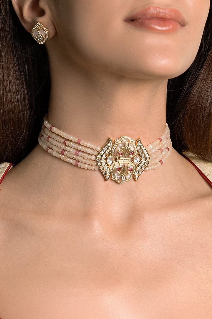 Gold Finish Pink Stone Necklace Set by Joules By Radhika at Pernia's Pop Up Shop
