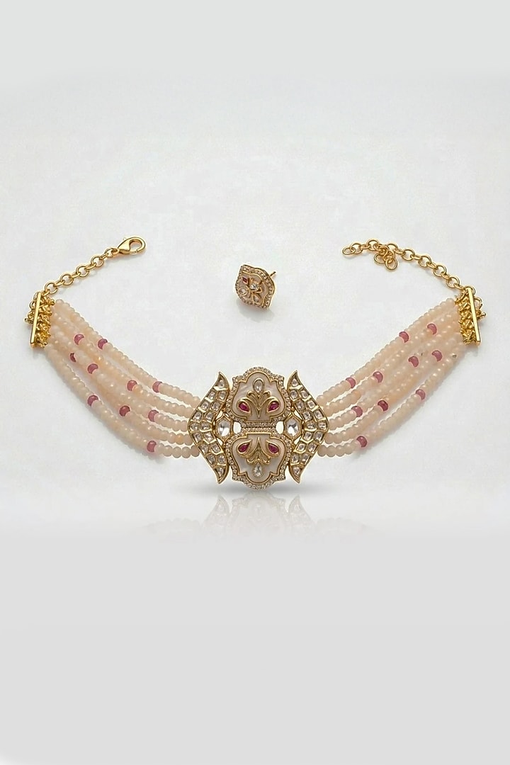 Gold Finish Pink Stone Necklace Set by Joules By Radhika at Pernia's Pop Up Shop