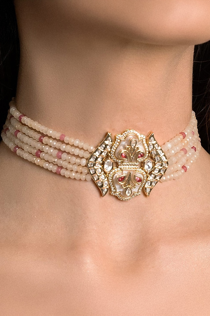 Gold Finish Pink Stone Necklace Set by Joules By Radhika at Pernia's Pop Up Shop