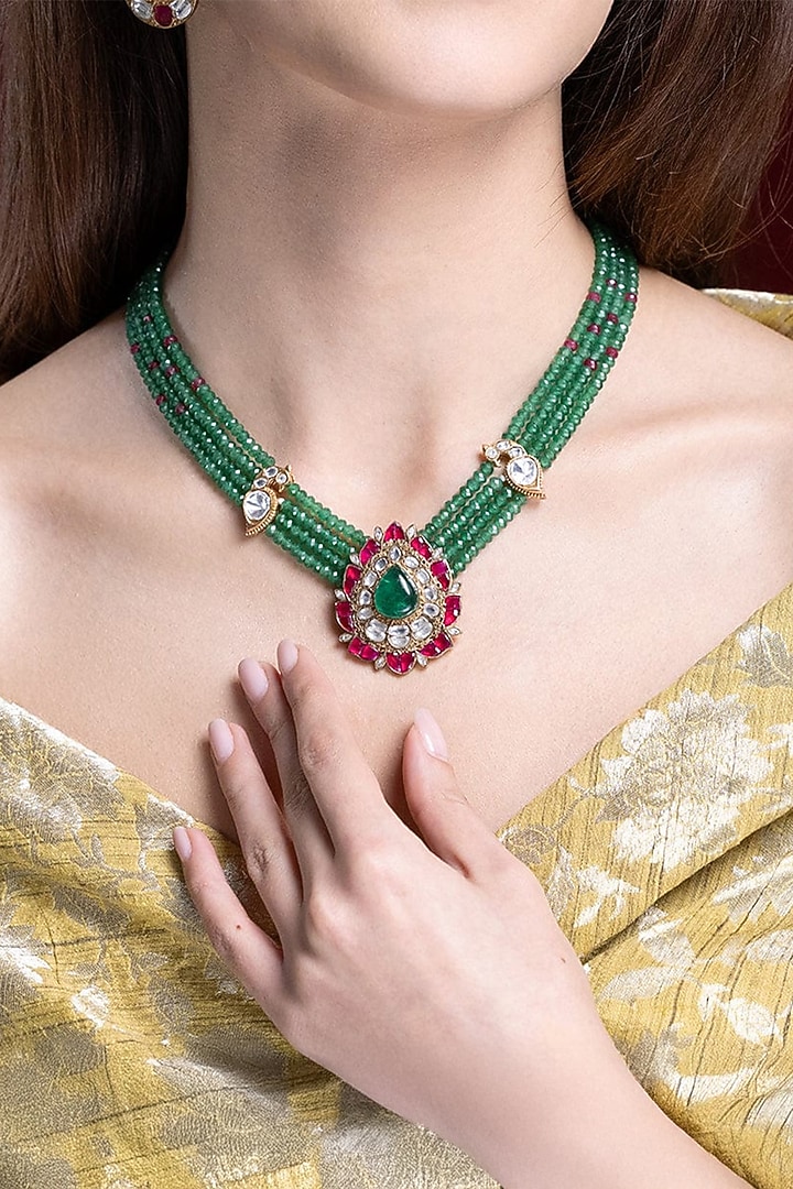 Gold Finish Green Stone Necklace Set by Joules By Radhika at Pernia's Pop Up Shop