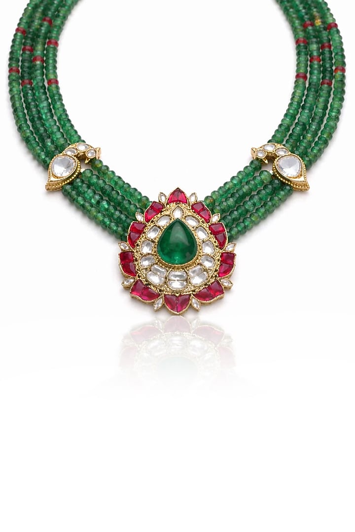 Gold Finish Green Stone Necklace Set by Joules By Radhika at Pernia's Pop Up Shop