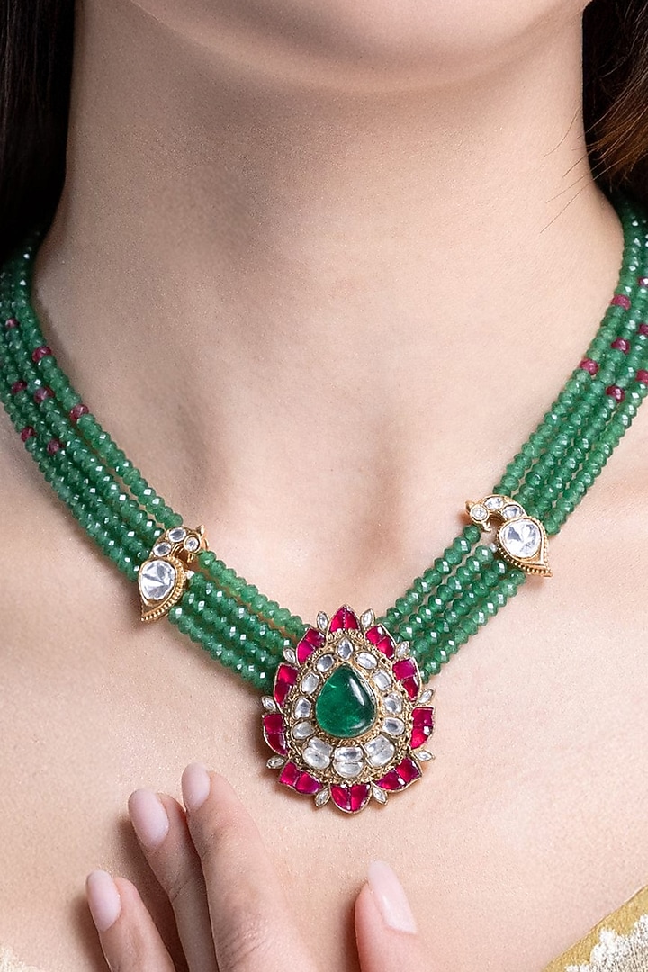 Gold Finish Green Stone Necklace Set by Joules By Radhika at Pernia's Pop Up Shop