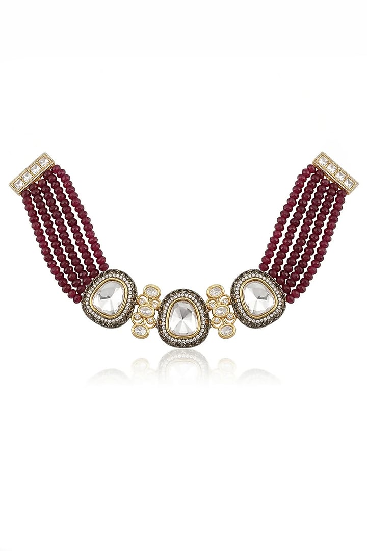 Gold Finish Red Stone Necklace Set by Joules By Radhika at Pernia's Pop Up Shop