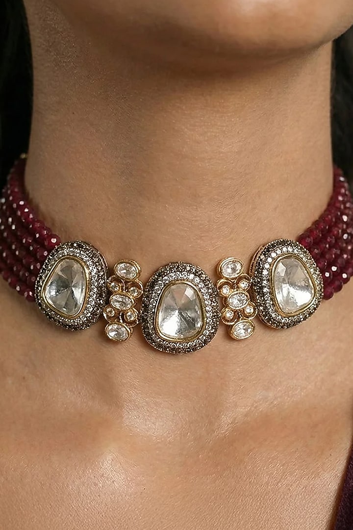 Gold Finish Red Stone Necklace Set by Joules By Radhika at Pernia's Pop Up Shop