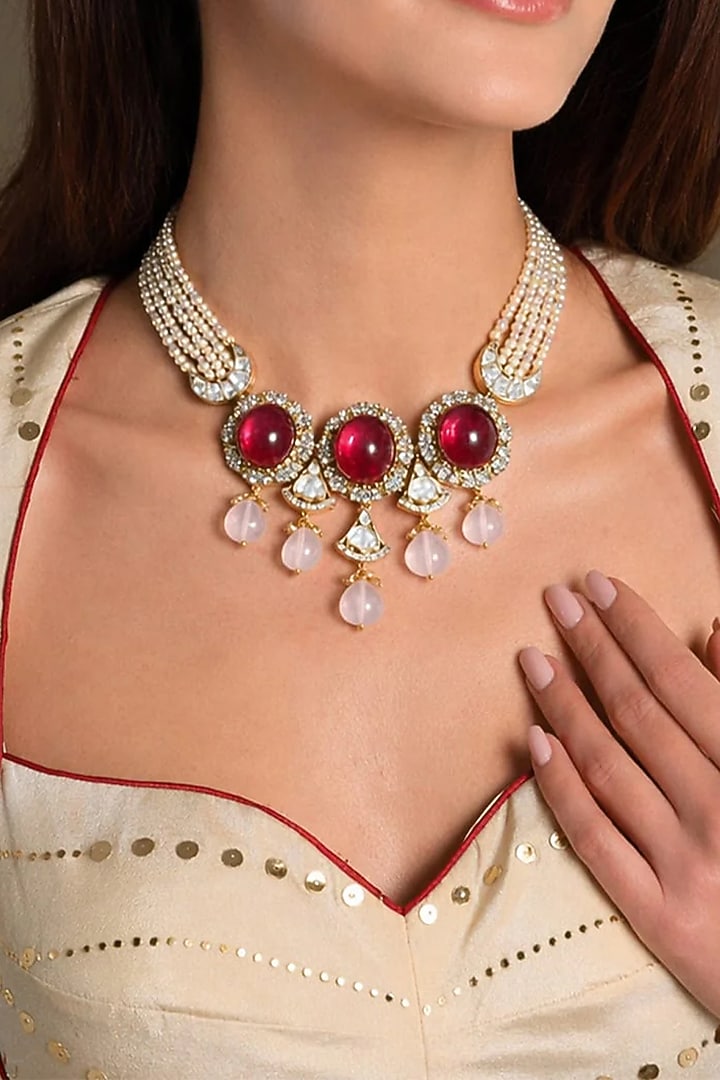 Gold Finish Red Stone Necklace Set by Joules By Radhika at Pernia's Pop Up Shop
