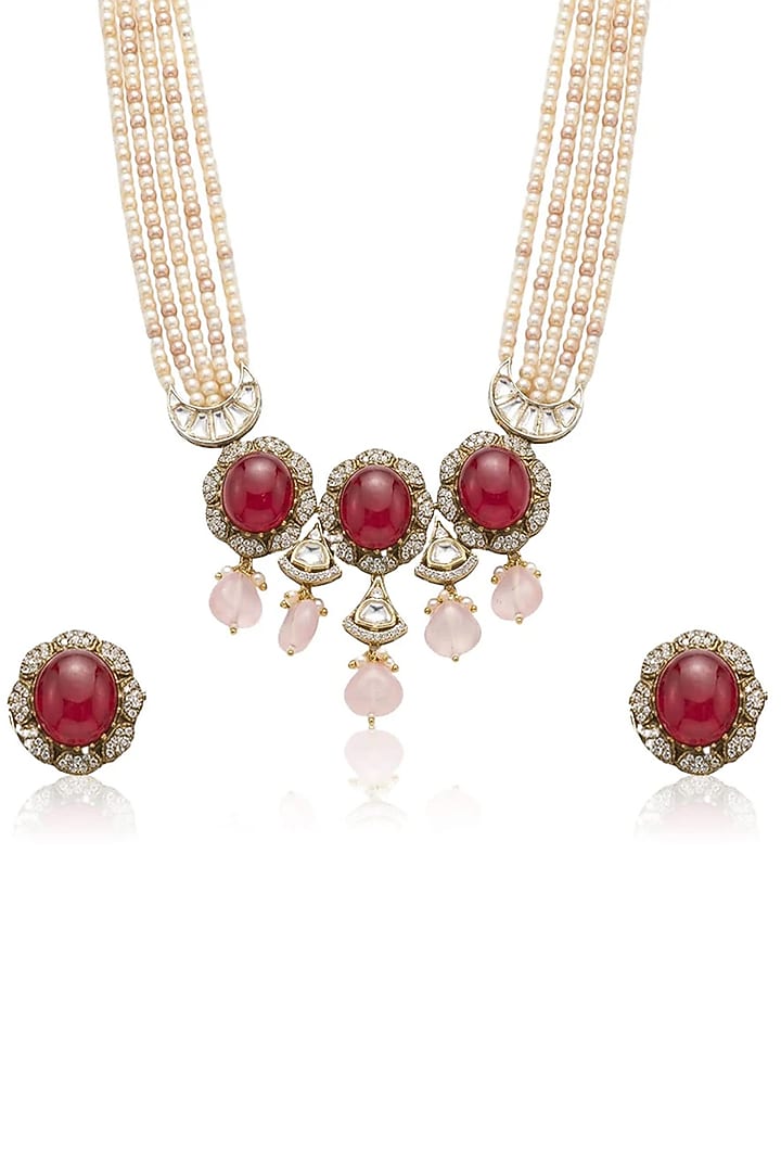 Gold Finish Red Stone Necklace Set by Joules By Radhika at Pernia's Pop Up Shop