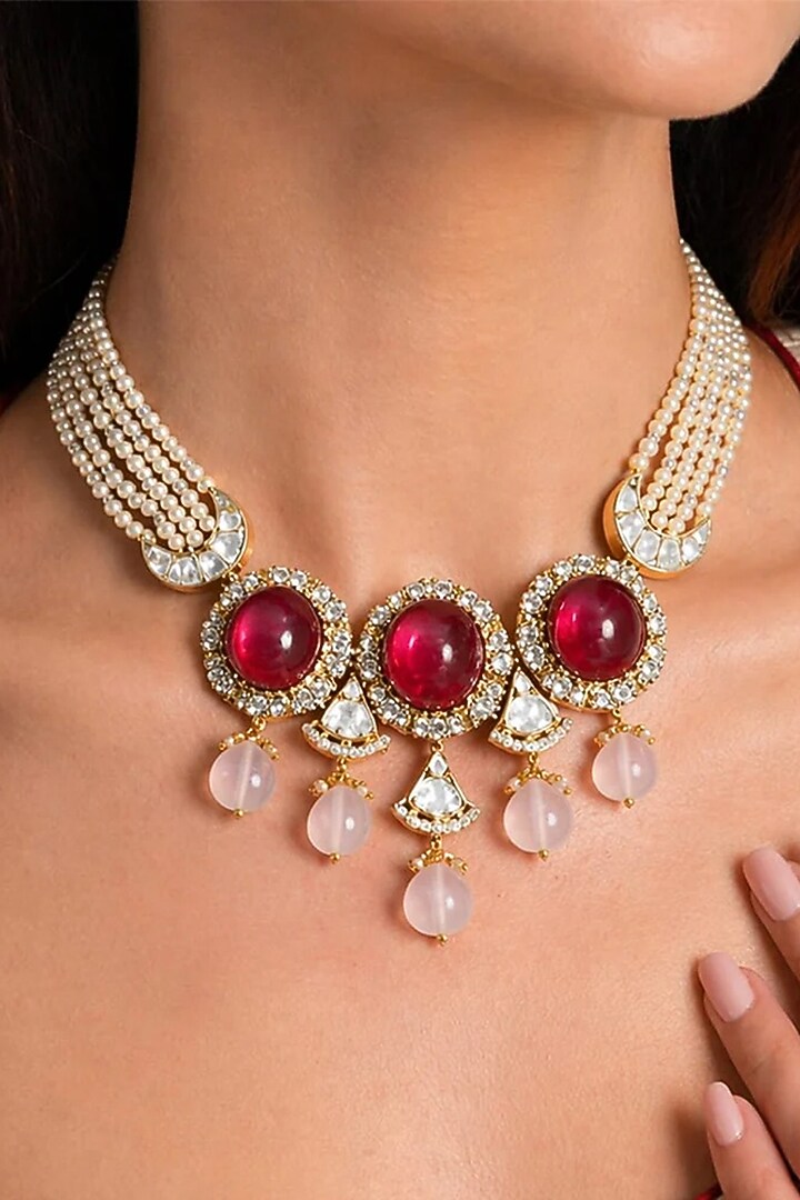 Gold Finish Red Stone Necklace Set by Joules By Radhika at Pernia's Pop Up Shop