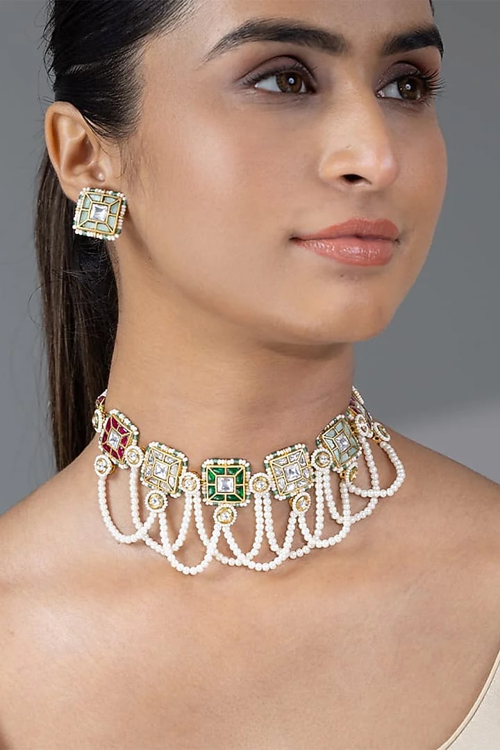 Gold Finish Multi-Colored Stone Necklace Set by Joules By Radhika at Pernia's Pop Up Shop