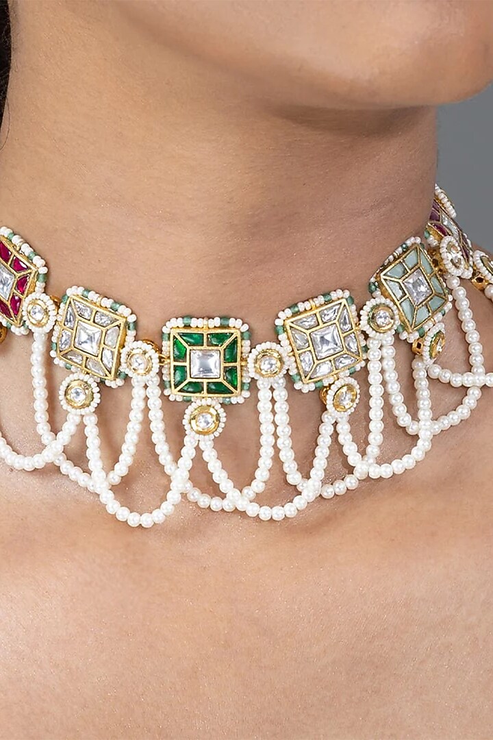 Gold Finish Multi-Colored Stone Necklace Set by Joules By Radhika at Pernia's Pop Up Shop