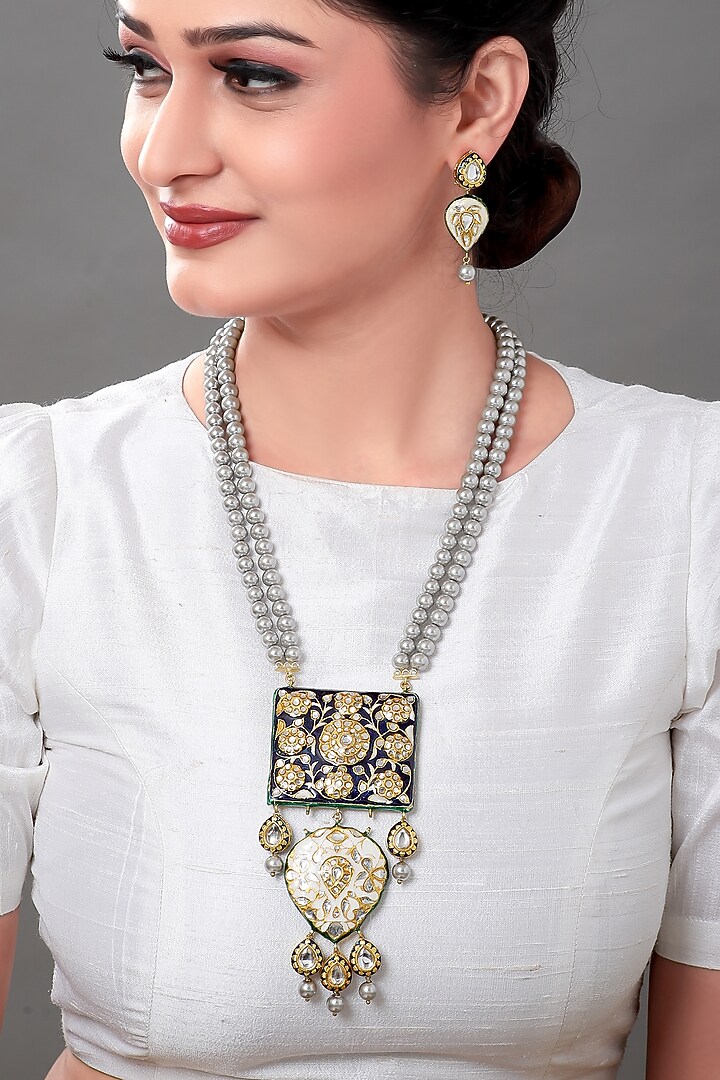 Gold Finish Shell Pearls Meenakari Necklace Set by Joules By Radhika at Pernia's Pop Up Shop