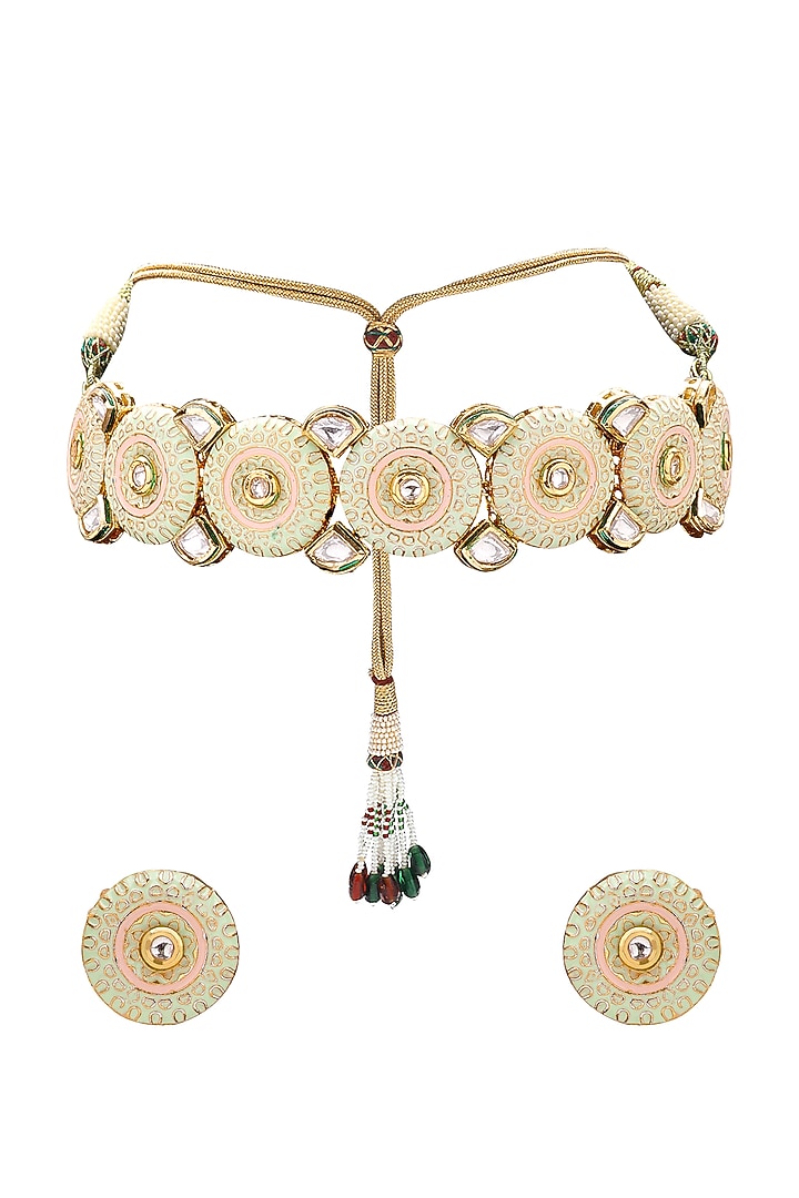 Gold Finish Meenakari Polki Necklace Set by Joules By Radhika at Pernia's Pop Up Shop