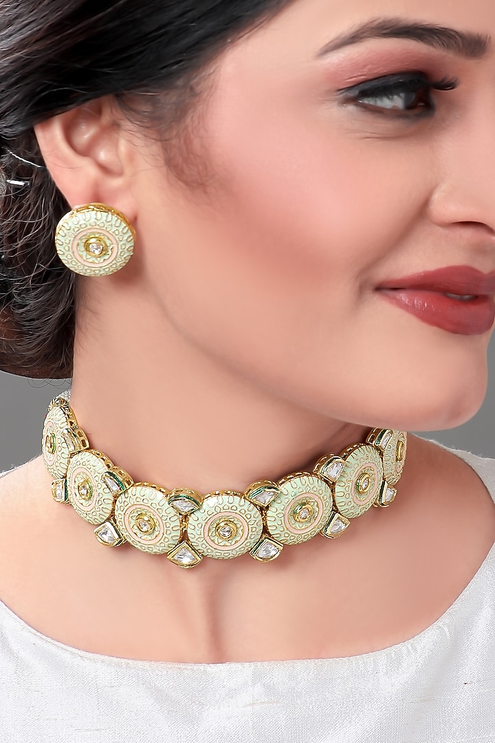 Gold Finish Meenakari Polki Necklace Set by Joules By Radhika at Pernia's Pop Up Shop