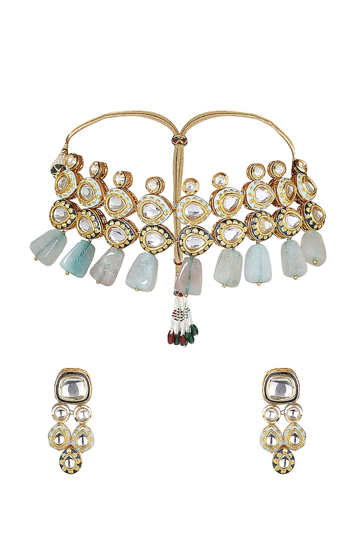 Gold Finish Meenakari Polki Necklace Set by Joules By Radhika at Pernia's Pop Up Shop