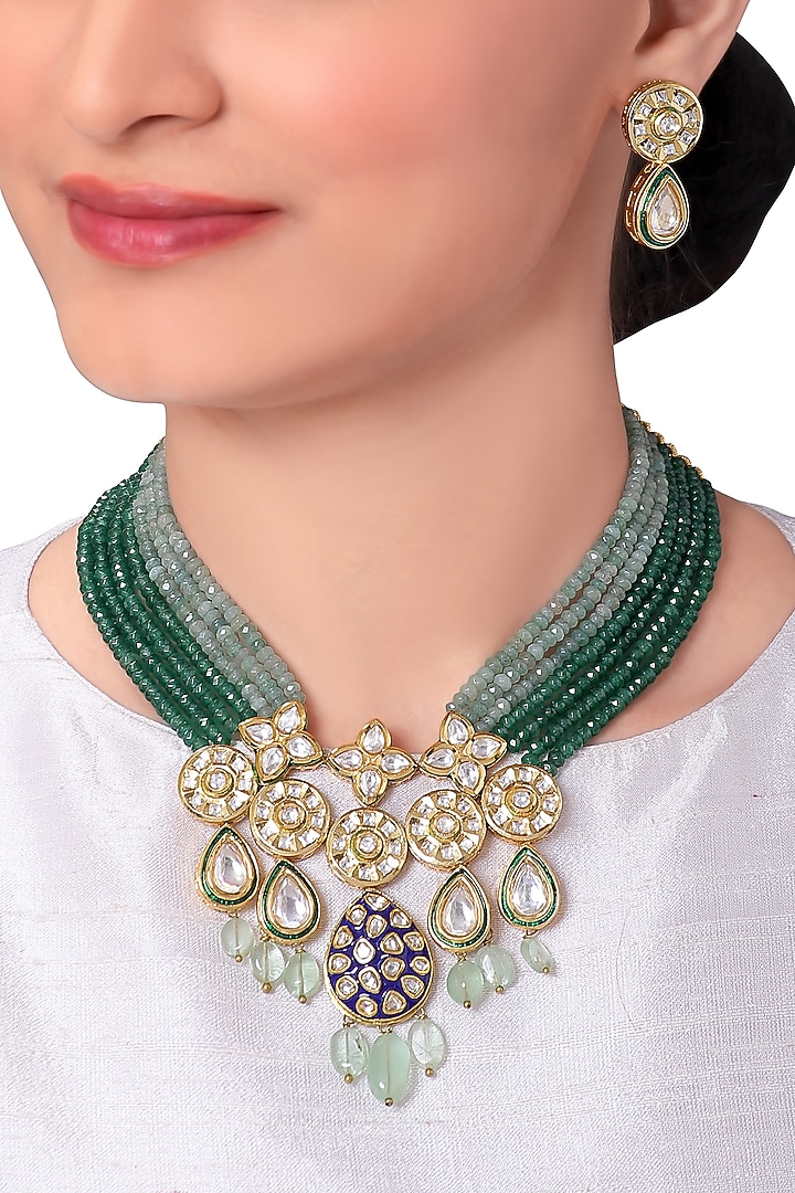 Gold Finish Blue Meenakari Necklace Set by Joules By Radhika at Pernia's Pop Up Shop