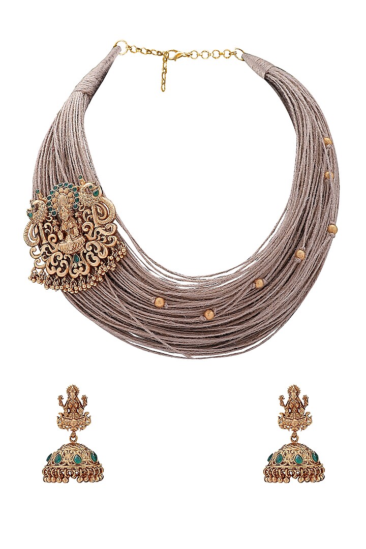 Antique Gold Finish Jute Thread Necklace Set by Joules By Radhika