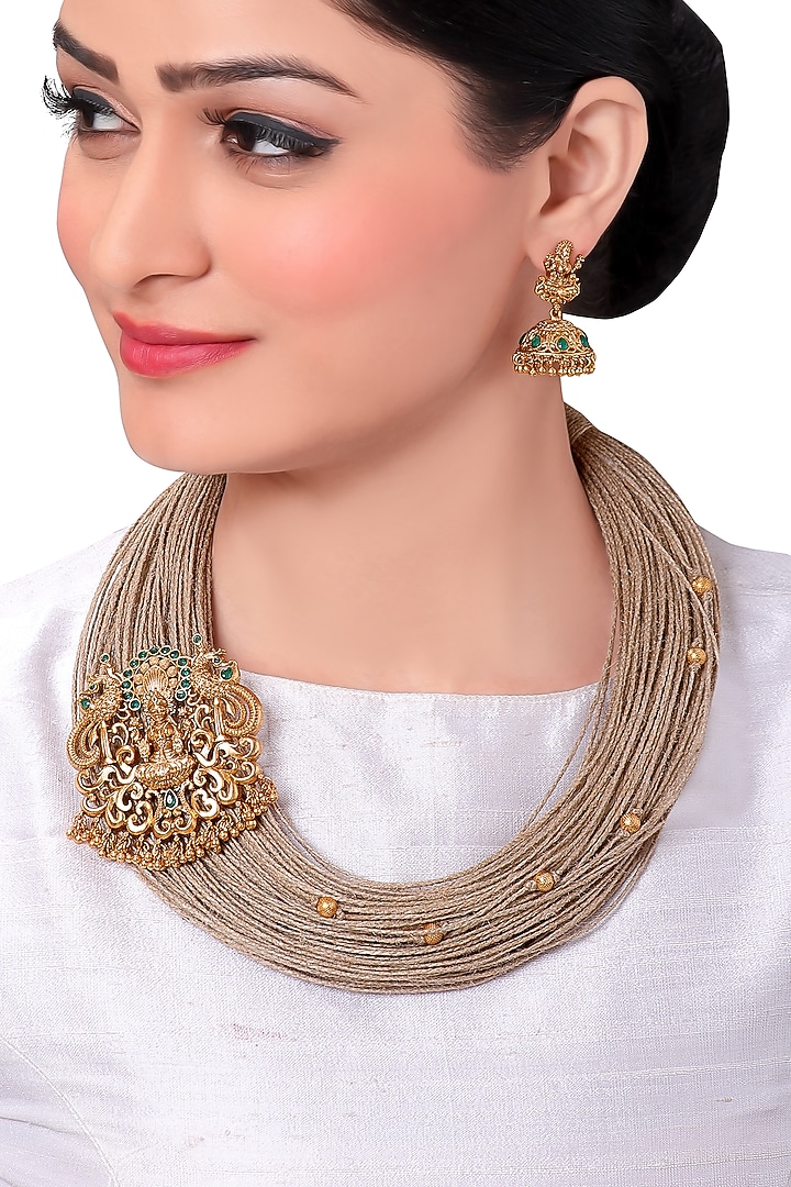 Antique Gold Finish Jute Thread Necklace Set by Joules By Radhika at Pernia's Pop Up Shop