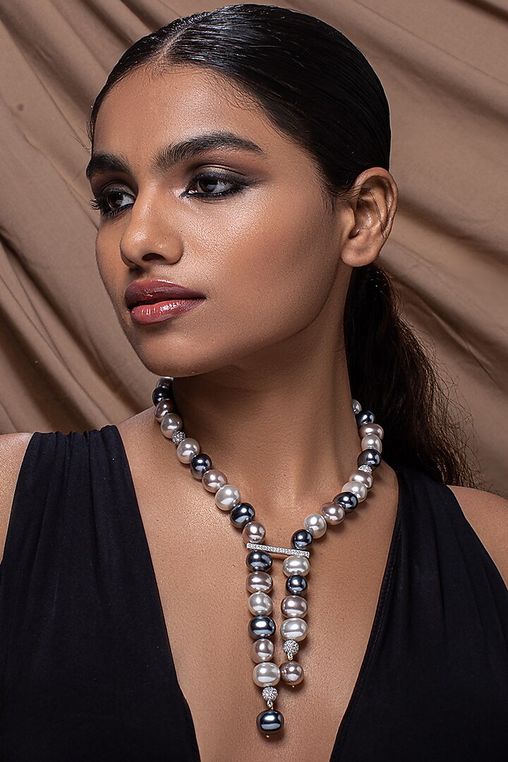 Gold Finish Pearl & Cubic Zirconia Necklace by Joules By Radhika at Pernia's Pop Up Shop