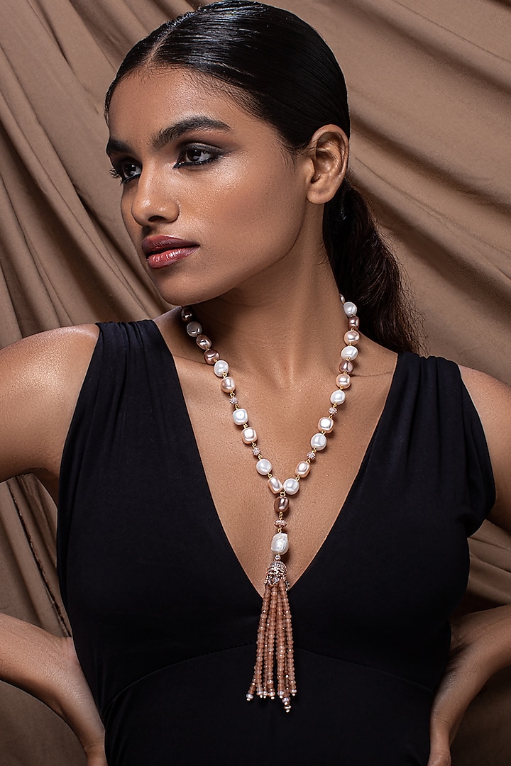 Gold Finish Pearl Zirconia Necklace by Joules By Radhika