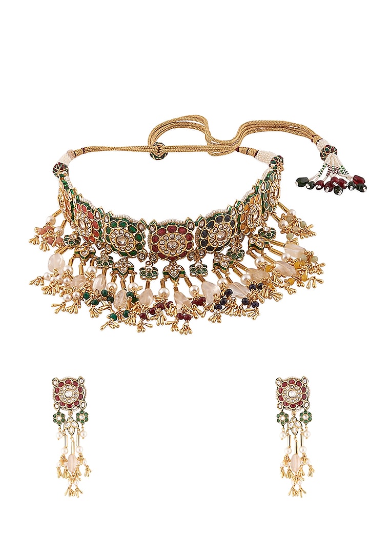 Gold Finish Navratna Stone Choker Necklace Set Design by Joules By ...