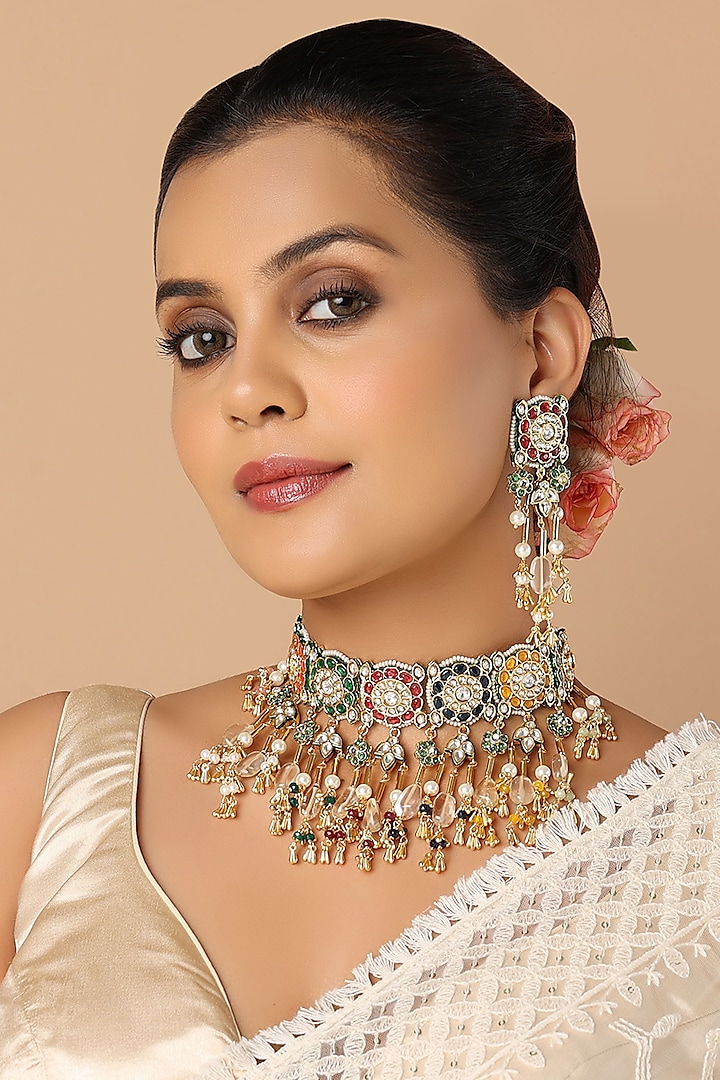 Gold Finish Navratna Stone Choker Necklace Set by Joules By Radhika