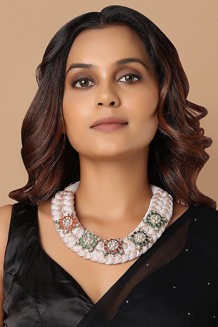Gold Finish Navratna Stone Necklace by Joules By Radhika