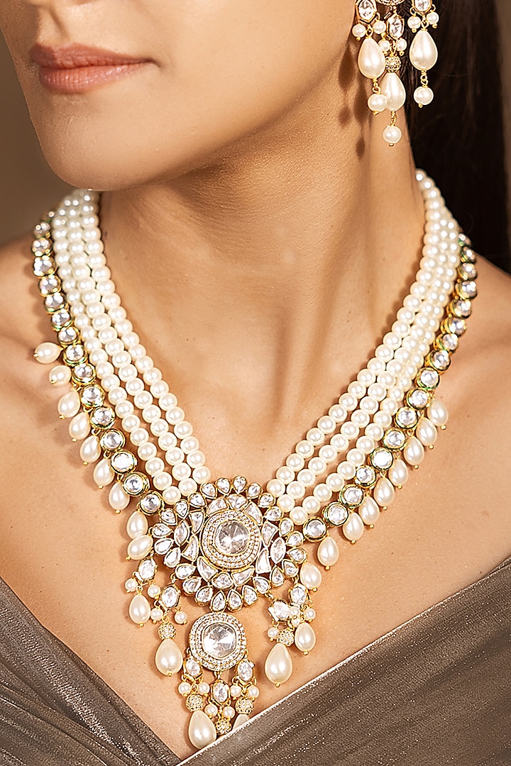 Yellow Gold Finish White Stone Choker Necklace Set by Joules By Radhika at Pernia's Pop Up Shop