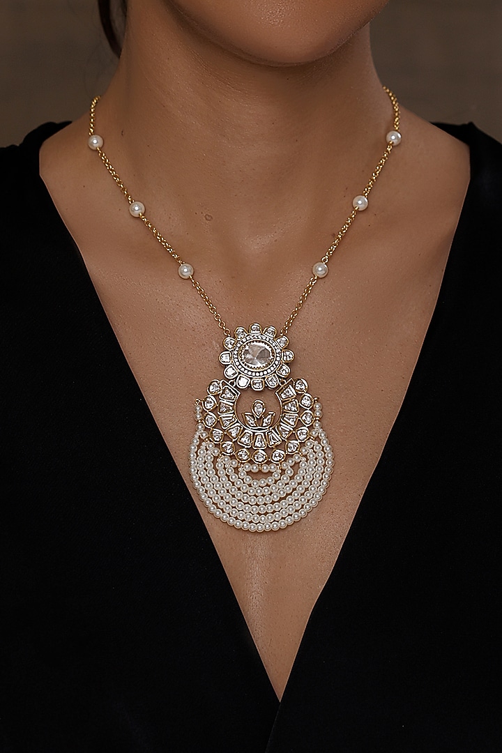 Gold Finish Kundan Polki & Pearl Pendant Necklace by Joules By Radhika at Pernia's Pop Up Shop